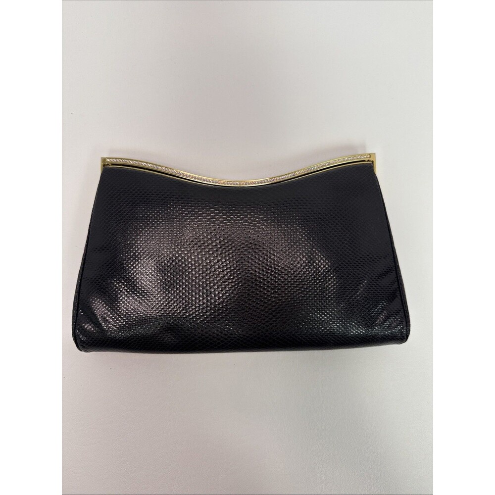 Judith Leiber Black Lizard Snakeskin Leather Rhinestone Clutch Bag Comb Vintage - Picture 3 of 16